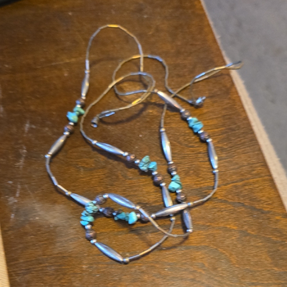 Turquoise and Silver Beaded Necklace Turquoise Navajo Necklace